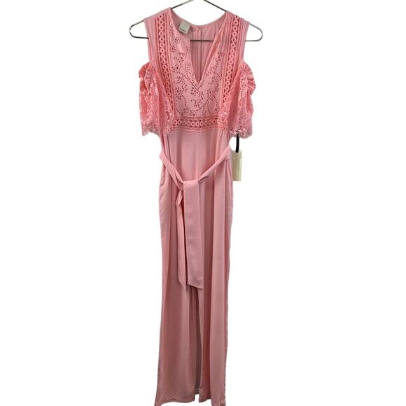 NWT Pinko Pink Short Lace Sleeve Cold Shoulder V-Neck Tie Waist Jumpsuit Sz 8 - Picture 1 of 8